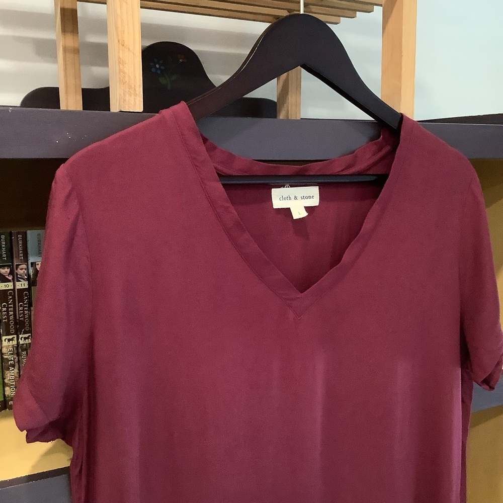 Anthropologie CLOTH & STONE Burgundy V-Neck Short Sleeve Dress Hi-Low Hem Size L - Picture 4 of 10